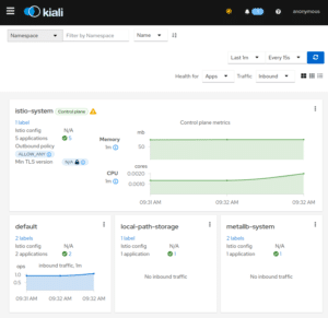 Kiali displaying the overview graph with Ingress and versioned deployment